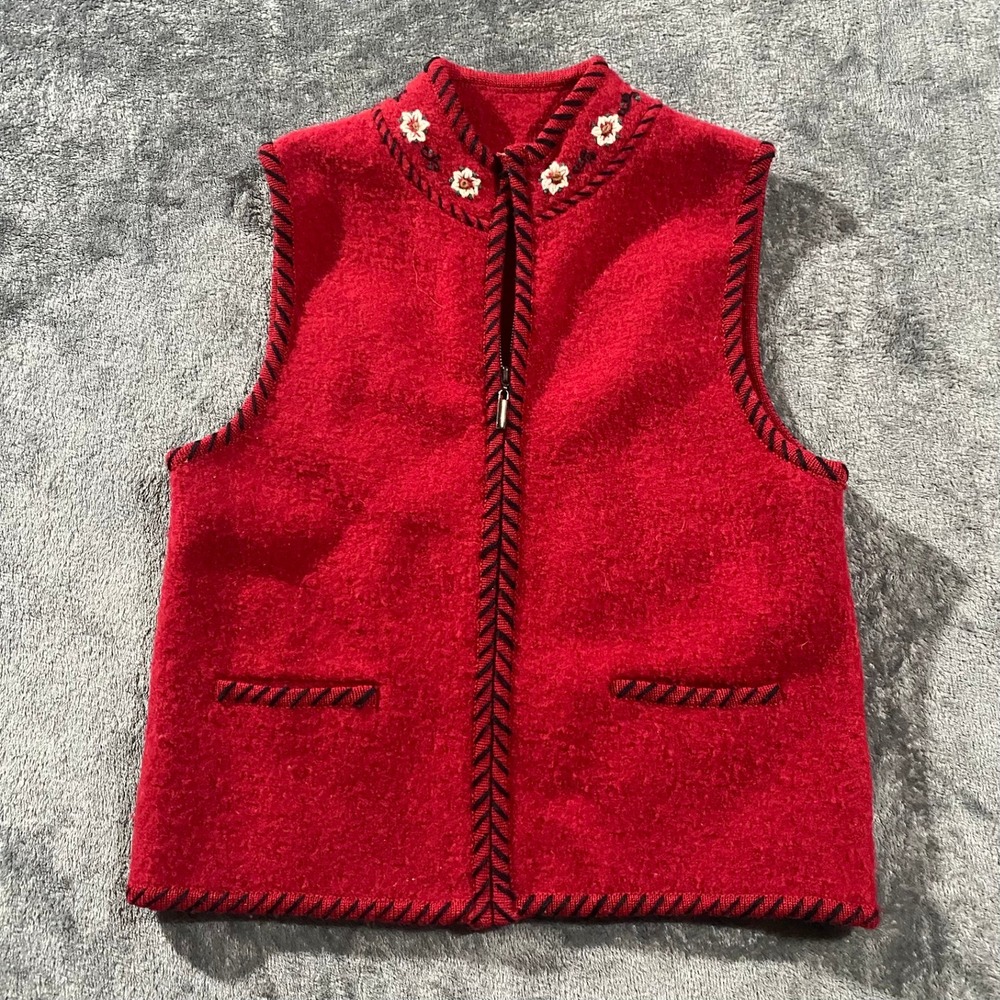 Alps Red 100% Boiled Wool Floral Embroidered Zip Up Vest Women Medium